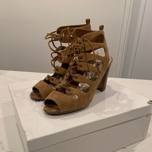 Manolo Blahnik suede luggage chunky heel
